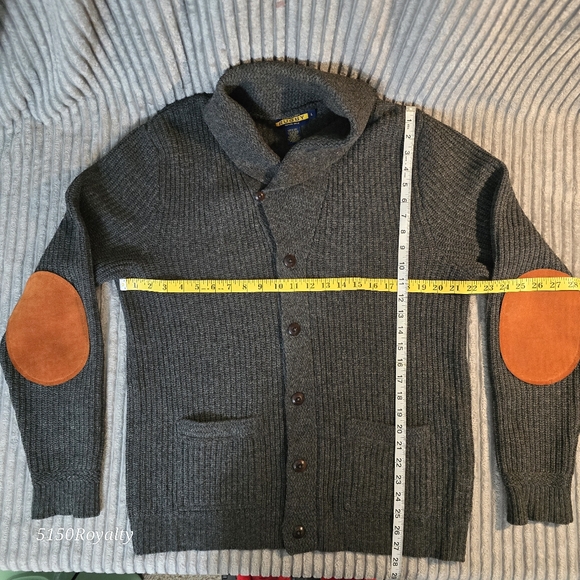 VTG RARE Ralph Lauren Rugby Gray Cardigan Men Size L Shetland Wool Elbow Patches - Picture 13 of 16